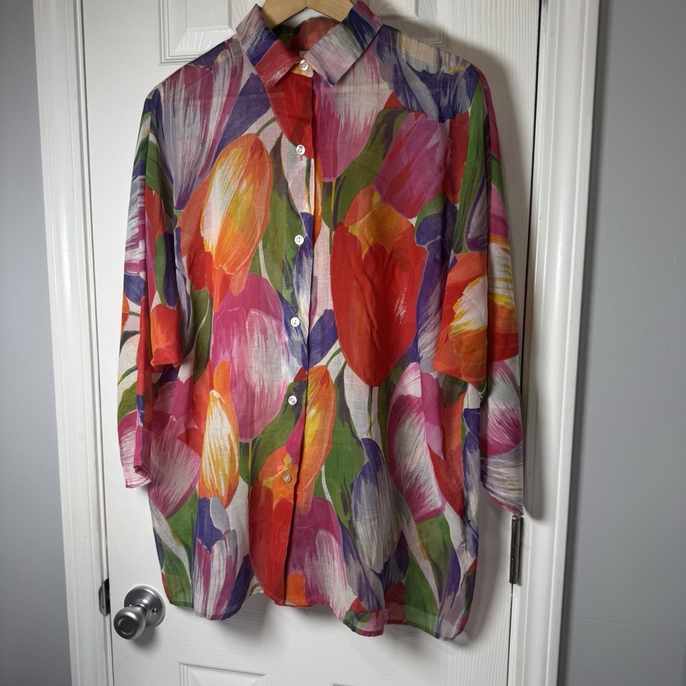 Vintage 1980s Dotti 3/4 Sleeve Button Front Oversized Colorful Shirt‎ Women S